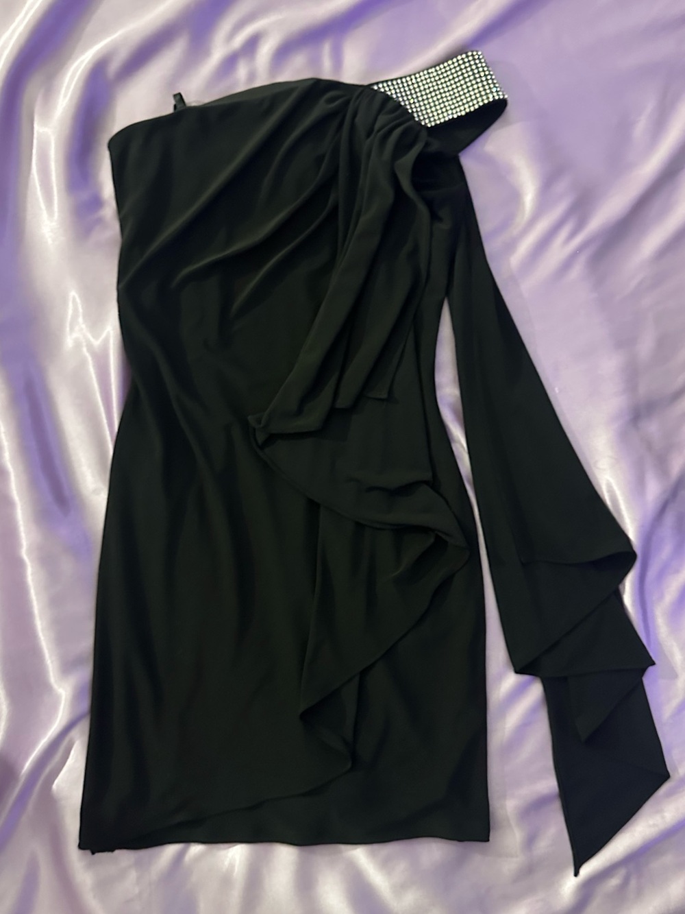 Vintage Le Château One-Shoulder Draped Black Mini Dress with Rhinestone glam y2k